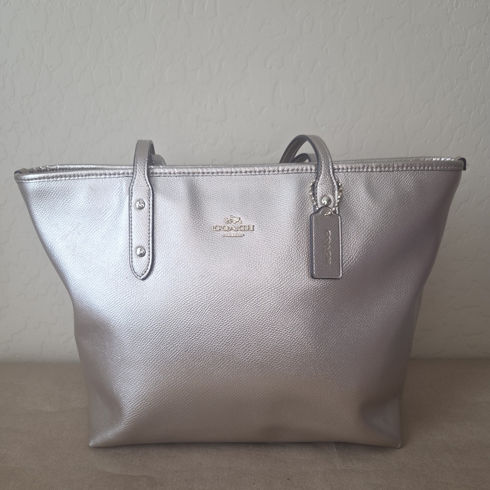 COACH Metallic Pebbled Leather Zip Top Tote Bag - Gold/Platinum